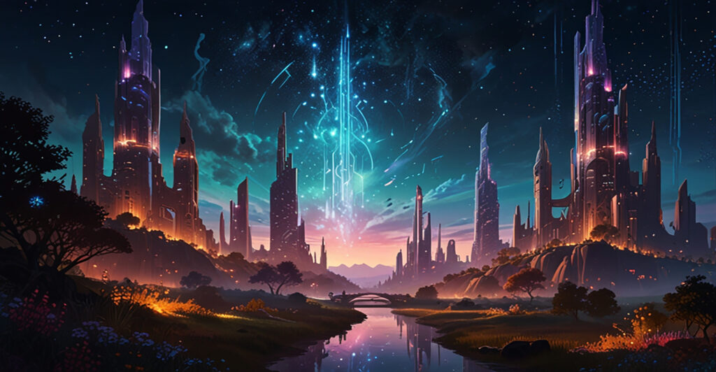 Gen AI image of a fantasy city with swampy waters, futuristic AI-inspired buildings, distant mountains, and glowing AI symbols floating in the sky