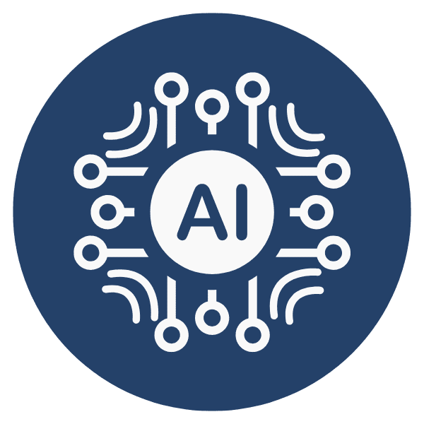 Storytelling AI logo of a dark blue icon with a light grey AI and some circuits.