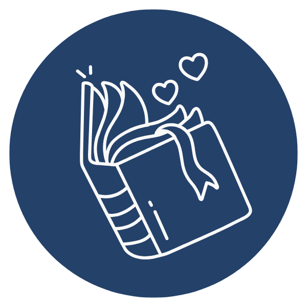 Storytelling AI logo of a dark blue icon with a light grey book, open with a bookmark and two small hearts.