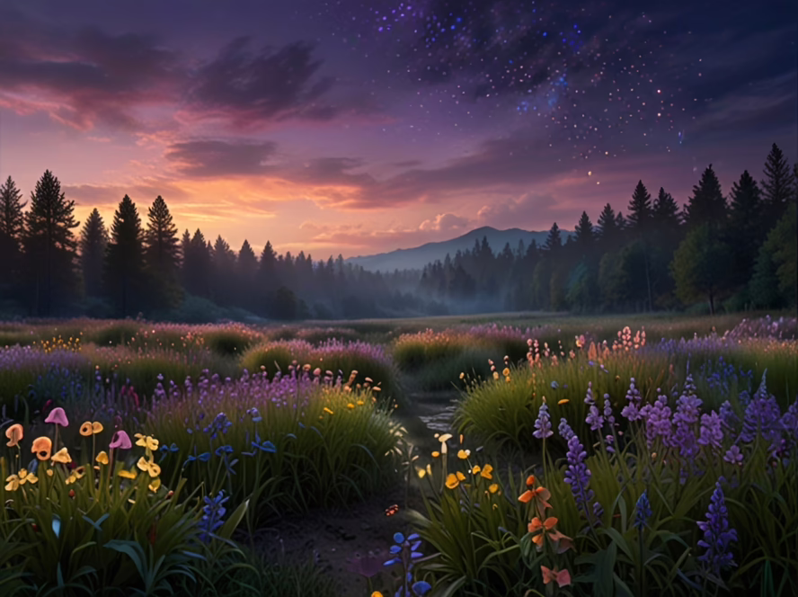 AI Book Writer Picture 2 of Enchanted meadows bloom with glowing flowers, while golden fireflies swirl beneath a sky brushed in lilac, sapphire, and rose.