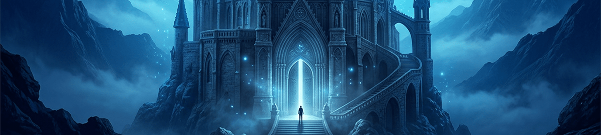 Fantasy castle glowing with blue magical light, surrounded by misty mountains and a lone figure at the entrance.