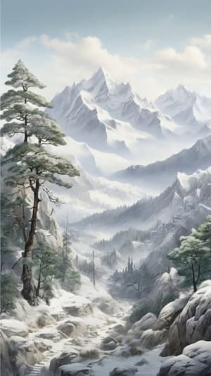 Best AI for worldbuilding image of a snowy landscape with trees and mountains.