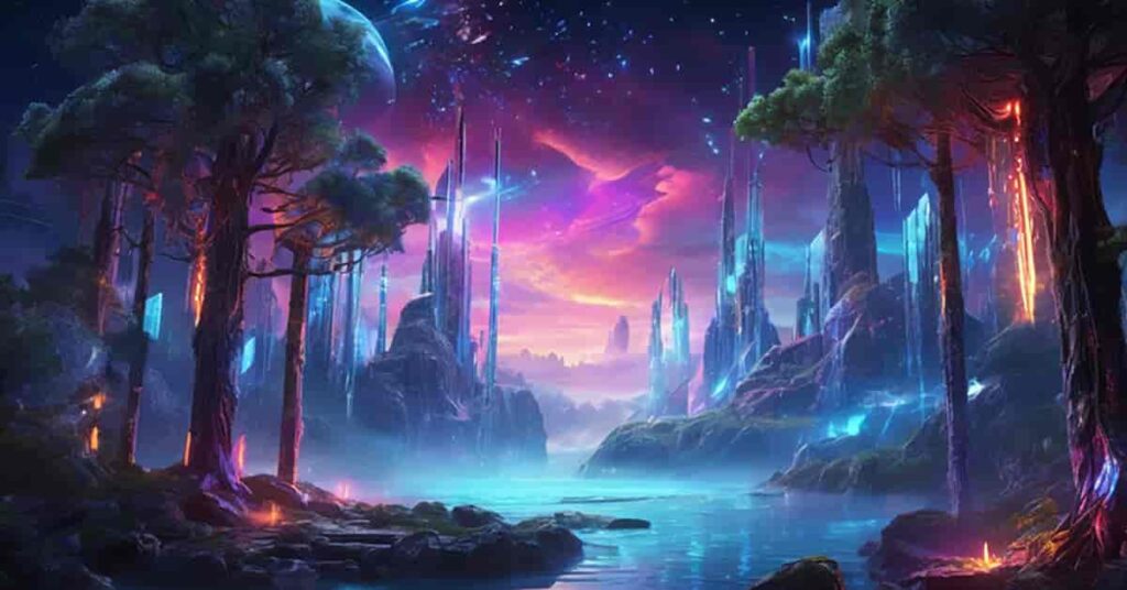 Sci-fi forest with tall glowing trees and river, featuring arcane AI-inspired buildings under a purple-orange galaxy sky — perfect visual for a blog on creating AI, AI bloopers, and storytelling AI.