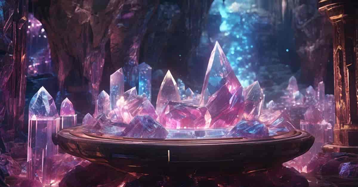 Purple crystals in a large bronze bowl inside a bronze and crystal cavern. Explore our AI images gallery featuring fantasy art, AI generated animations, storytelling AI, and AI content creation tools.