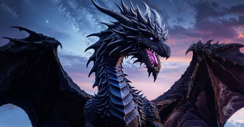 Dark purple dragon soaring through the sky, created with storytelling AI and creativity AI; an example of AI generated animations and AI anime art from a creative AI tool
