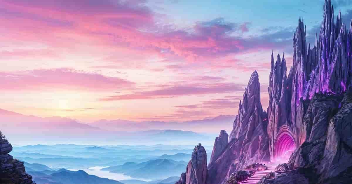Tunnel in a dark purple mountain with hazy blue and purple foothills in the distance. Master AI generated animation with creative AI, online writing tools, and a generative AI strategy to animate images with AI.
