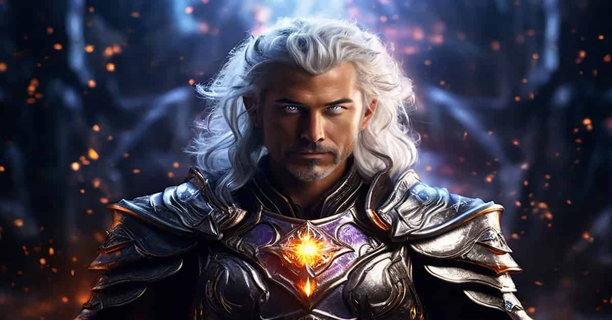 Armored sorcerer with silver hair and glowing eyes, a yellow gem in his chest, surrounded by fire embers—AI generated animations, AI face animation, AI animal, animate images with AI, and creative AI.
