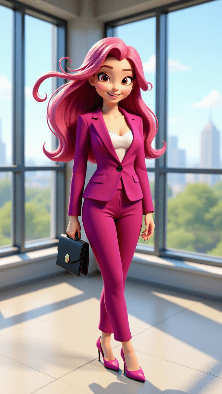 Stylized AI image of a confident business woman in a pink suit, created using advanced picture prompts and prompt engineering examples.