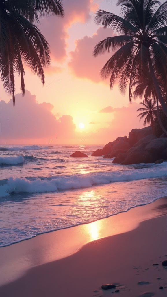 A dreamy coastal sunset with soft pink tones and gentle waves, part of an AI images gallery demonstrating atmospheric scene prompting.