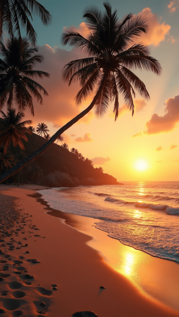 A warm tropical beach at sunset with glowing light on the water, used in the article to illustrate environmental picture prompts for creating AI landscapes.