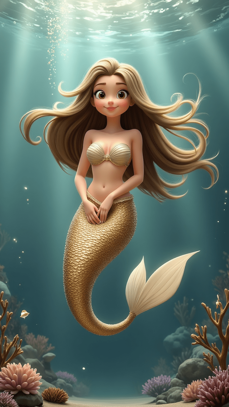 Elegant AI-generated mermaid with golden tail and long flowing hair, featured in an AI images gallery of fantasy picture prompts.