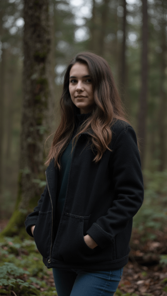 A natural portrait of a woman standing in a quiet forest, used to demonstrate how real-life references support storytelling AI and picture prompts.