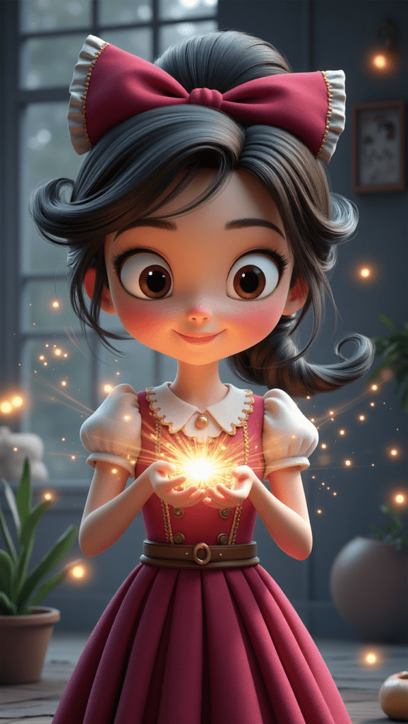 A Pixar-style girl holding a small magical light, an example of how picture prompts influence the best AI image results for storytelling AI.