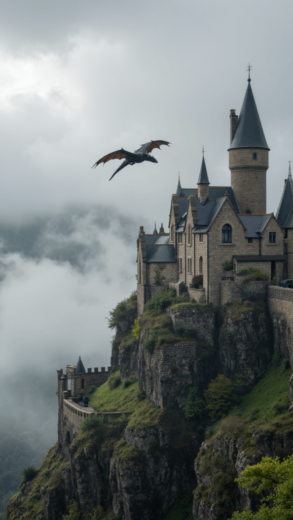 AI generated dragon flying over castle before animation.