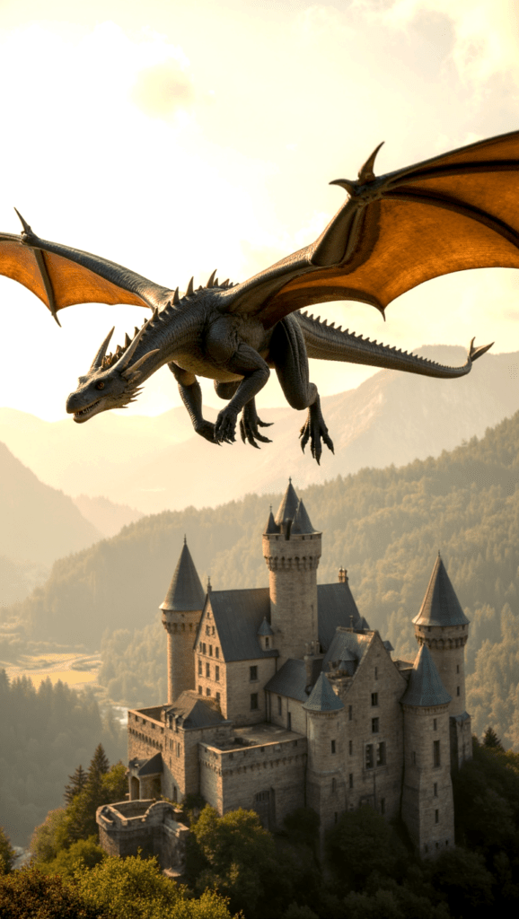 AI animated dragon flying over castle example.