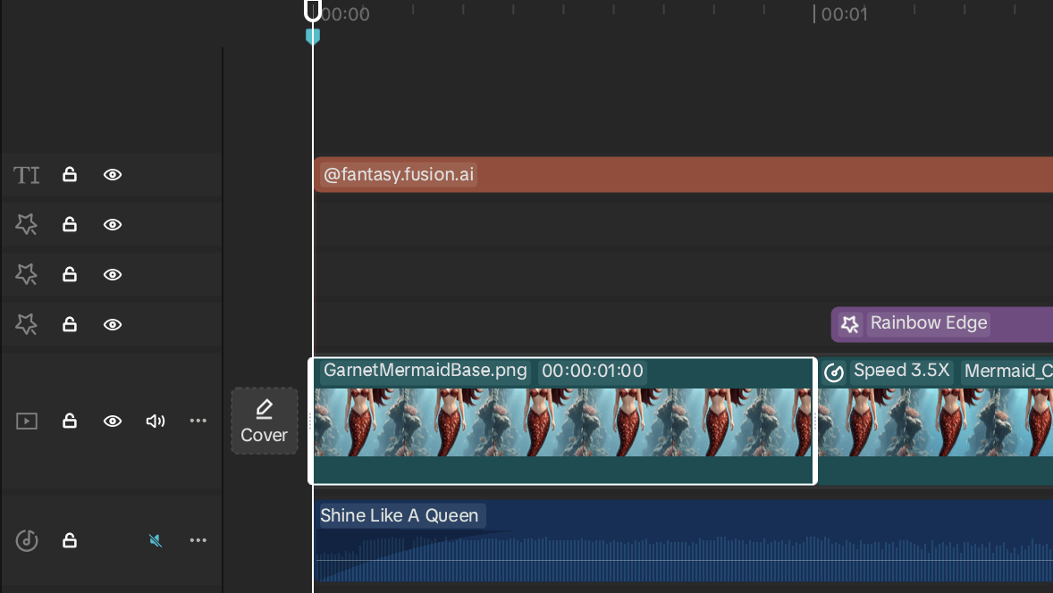 CapCut timeline showing AI animation clips with Rainbow Edge and Rose Video Effects.