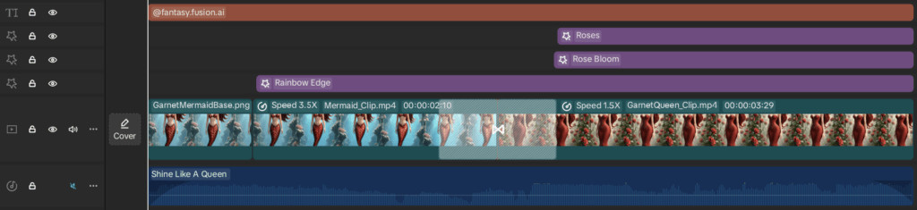 CapCut timeline showing AI animation clips with Rainbow Edge and Rose Video Effects.