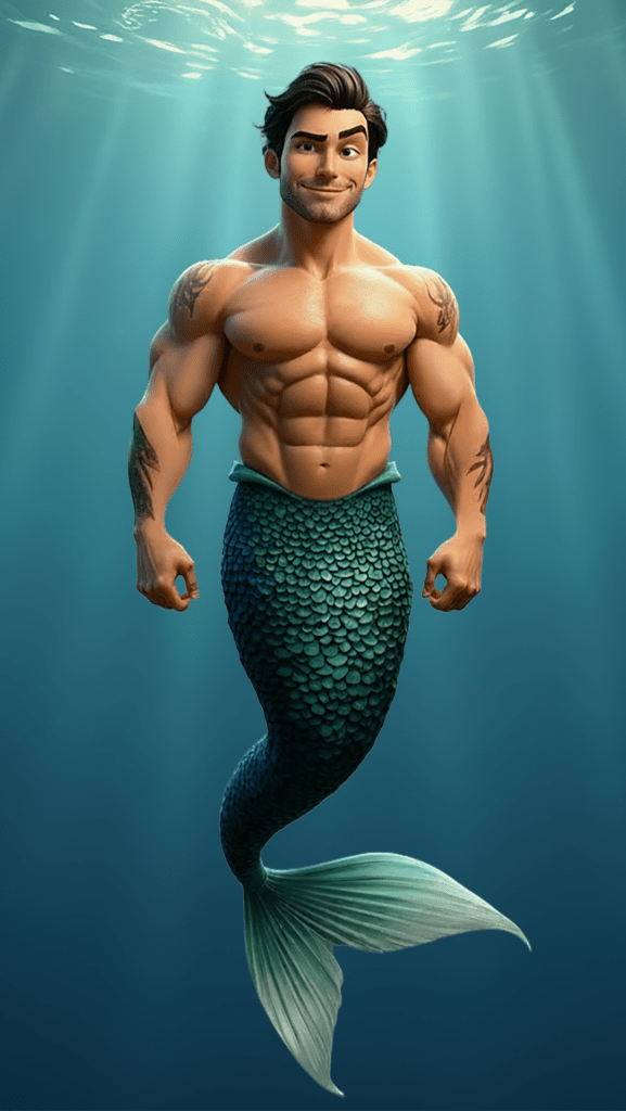 A merman smirking, an example image of how to creae consistent AI characters for animation.