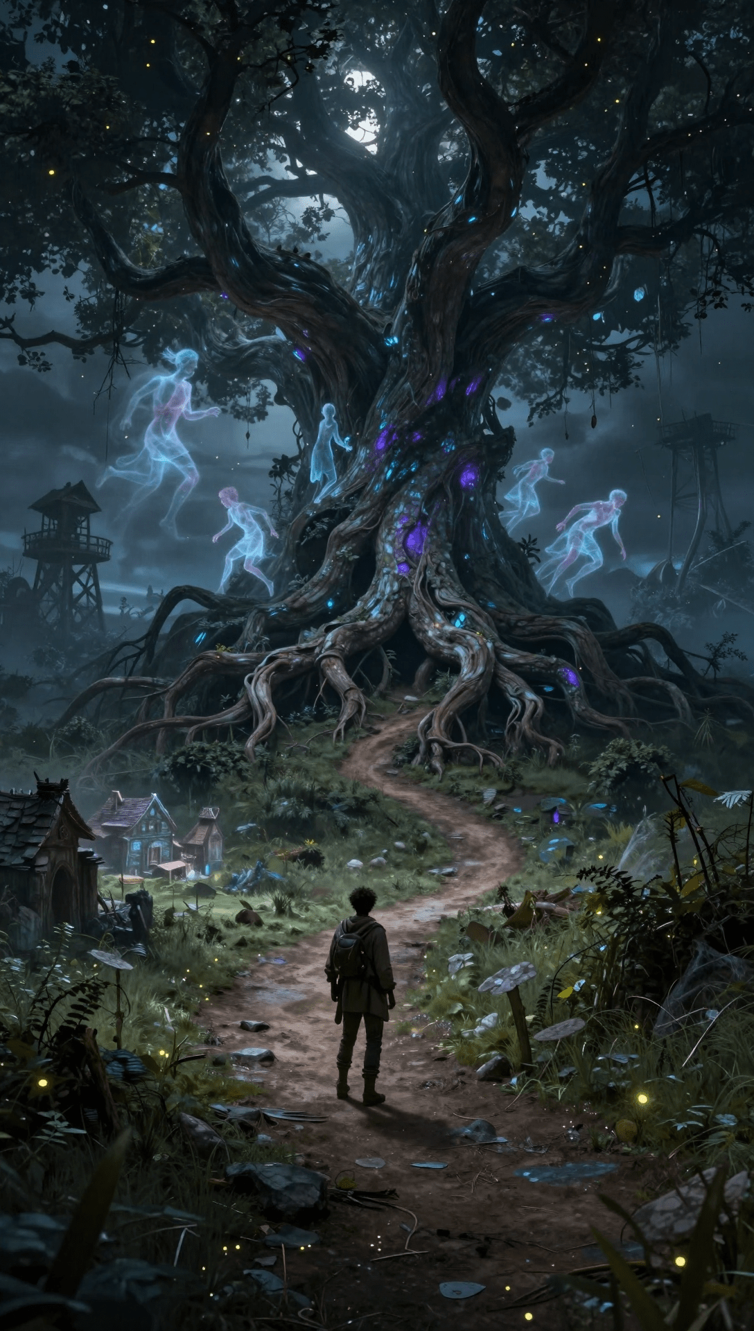 Best AI for worldbuilding image of a traveller in front of a twisted enchanted tree and ghosts in the roots.