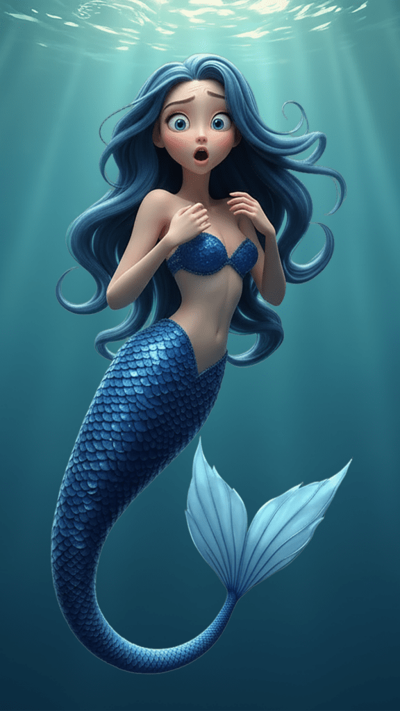 Shocked blue mermaid, an example image of how to creae consistent AI characters for animation.