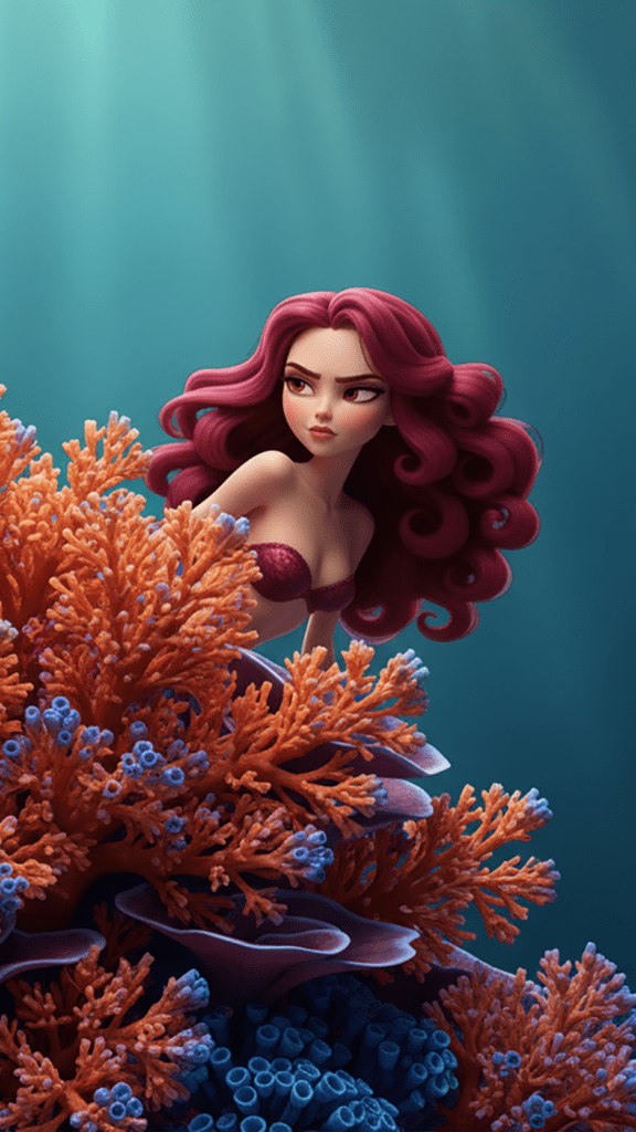 A burgundy mermaid hiding in coral, an example image of how to creae consistent AI characters for animation.