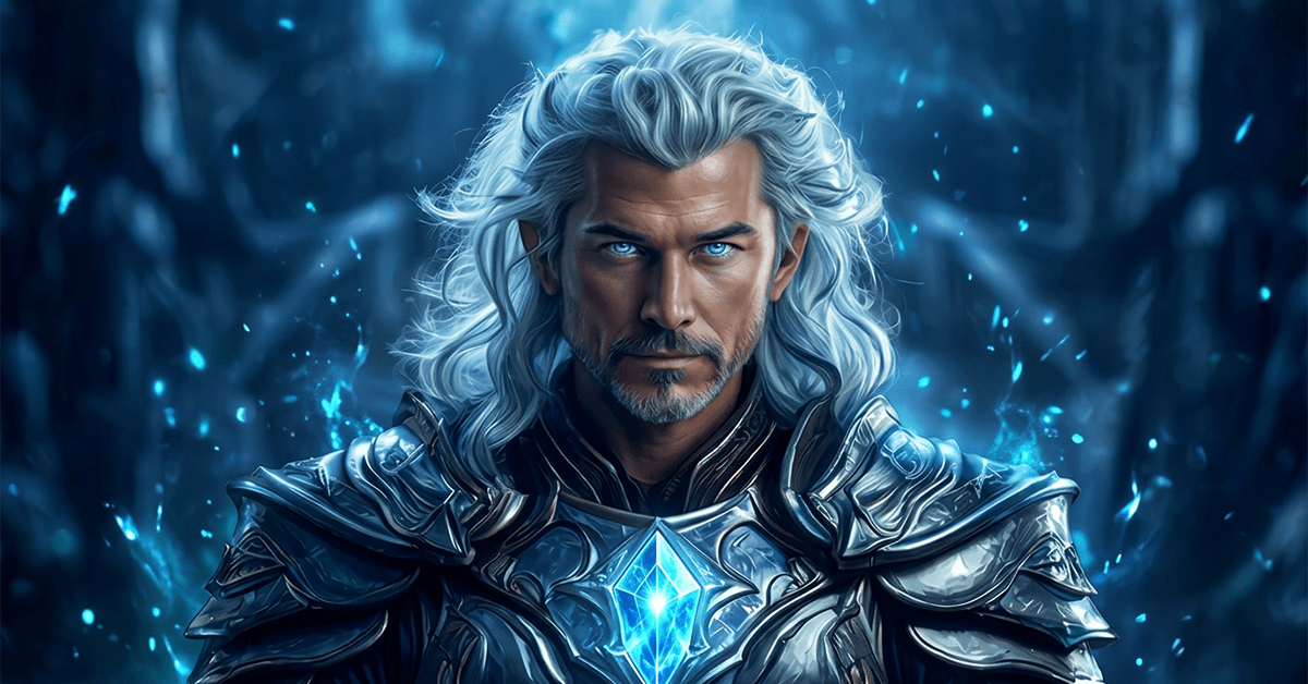 Talking avatar with glowing blue eyes and crystal in futuristic fantasy armor.