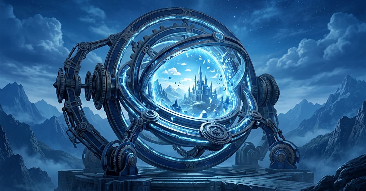 AI-generated fantasy portal with glowing blue rings revealing a distant castle in a mountainous landscape.