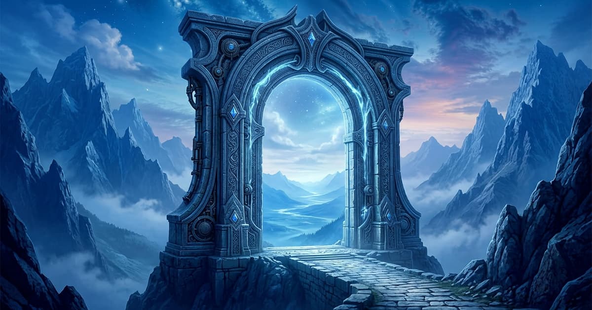 Fantasy portal in a blue mountain landscape representing Fantasy Fusion AI creative tools, generative AI tools, and AI tools and workflows.